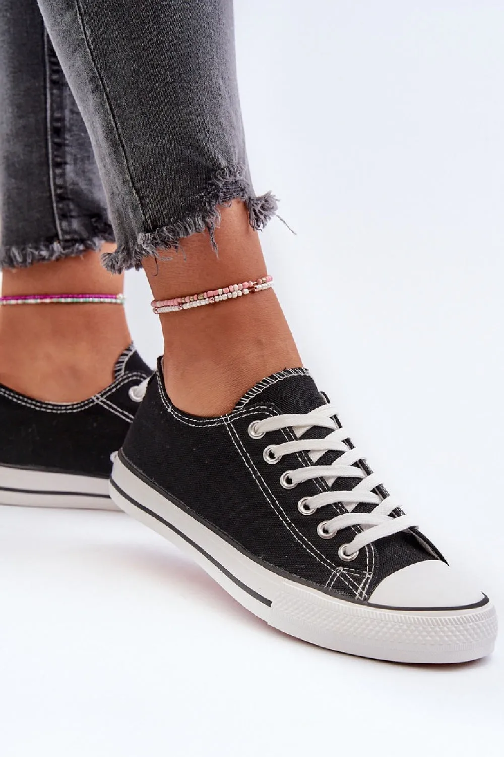 BLACK CANVAS LACE UP FLAT DESIGNER FASHION TRAINERS