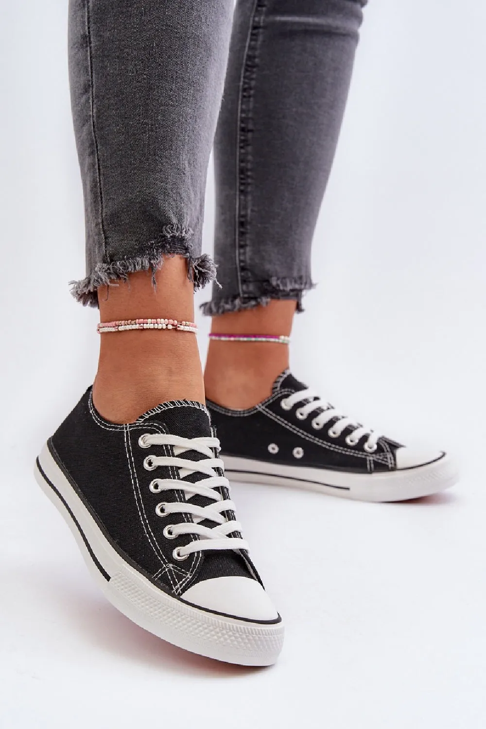 BLACK CANVAS LACE UP FLAT DESIGNER FASHION TRAINERS