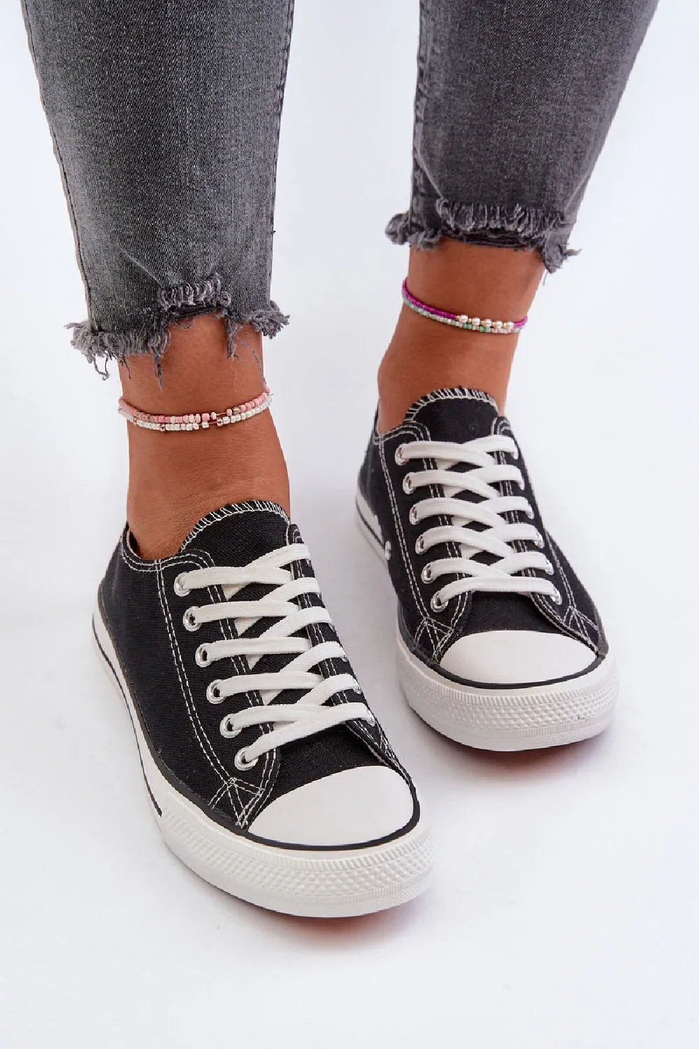 BLACK CANVAS LACE UP FLAT DESIGNER FASHION TRAINERS