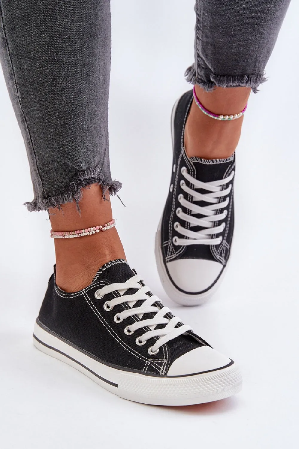 BLACK CANVAS LACE UP FLAT DESIGNER FASHION TRAINERS