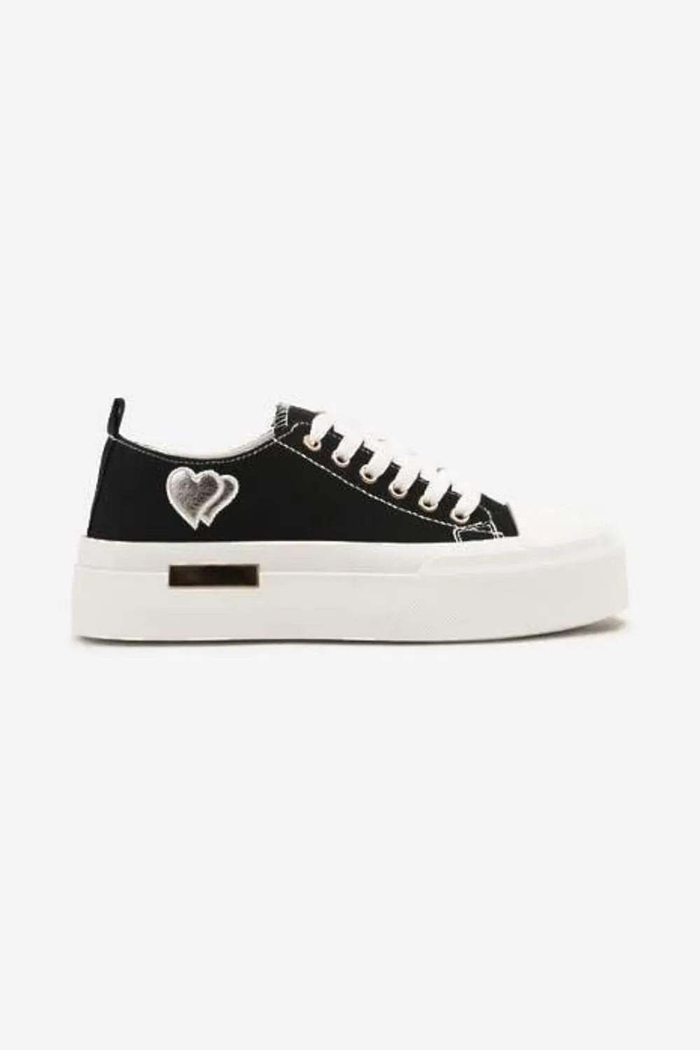 BLACK LACE UP HEART DETAIL CHUNKY STYLISH FLAT TRAINERS