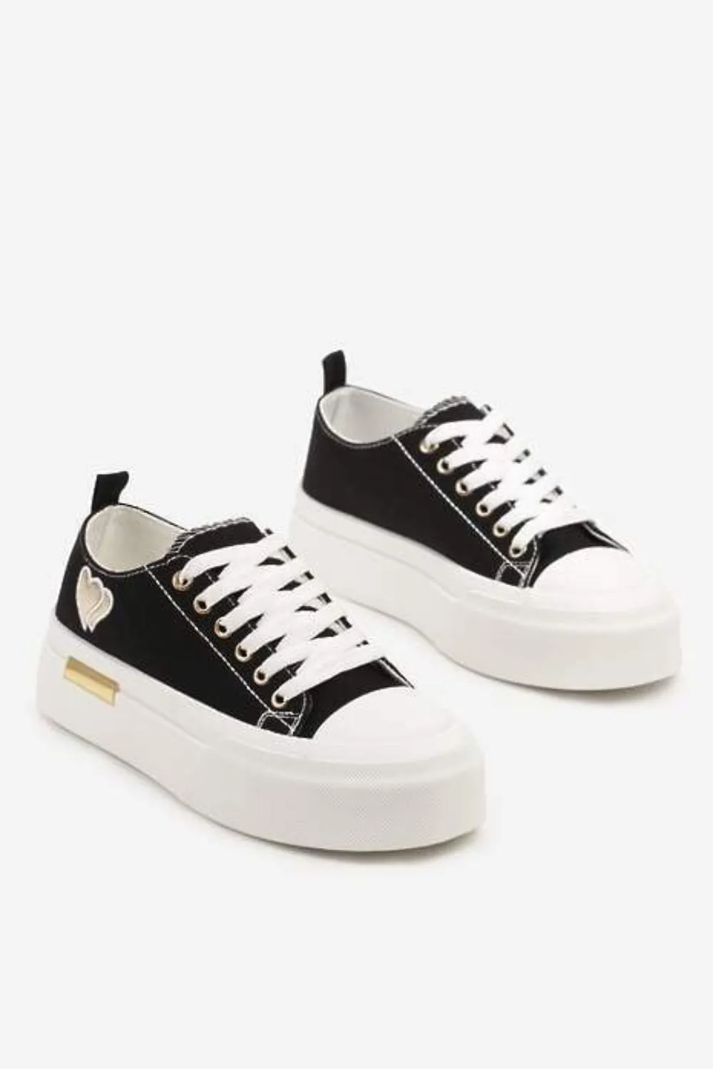 BLACK LACE UP HEART DETAIL CHUNKY STYLISH FLAT TRAINERS