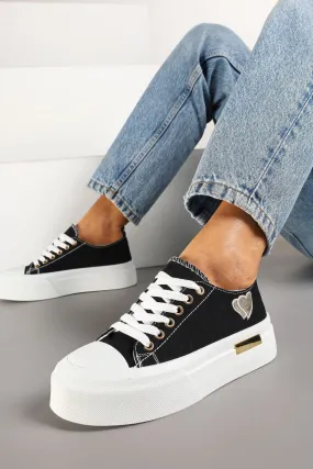 BLACK LACE UP HEART DETAIL CHUNKY STYLISH FLAT TRAINERS