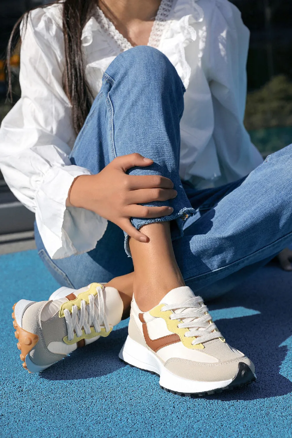 BROWN MULTI CHUNKY PLATFORM SIDE DETAIL CASUAL LACE UP TRAINERS