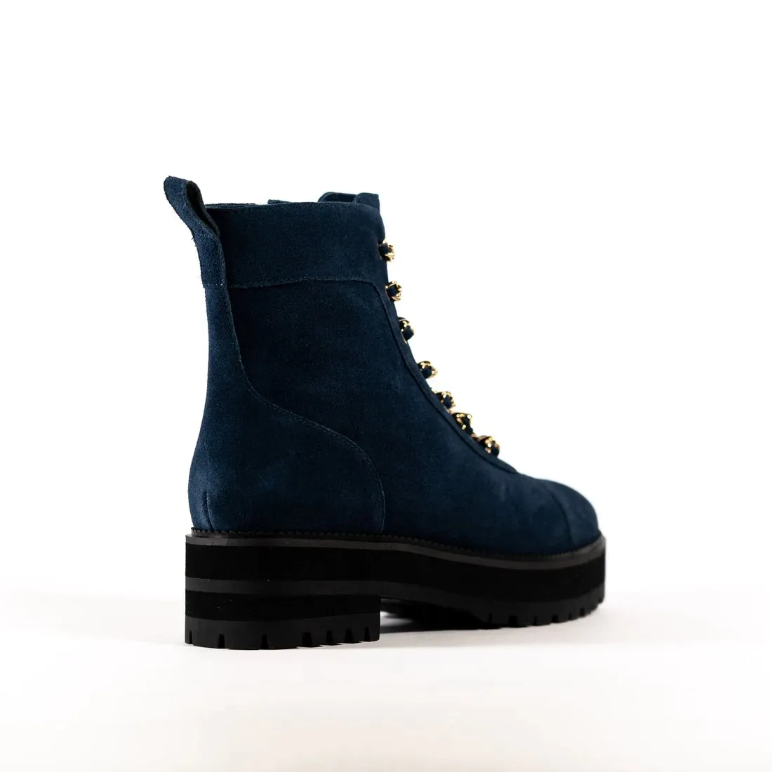Cecelia New York Chance Navy Gold Chain Lace Side Zipper Rounded Toe Ankle Boots