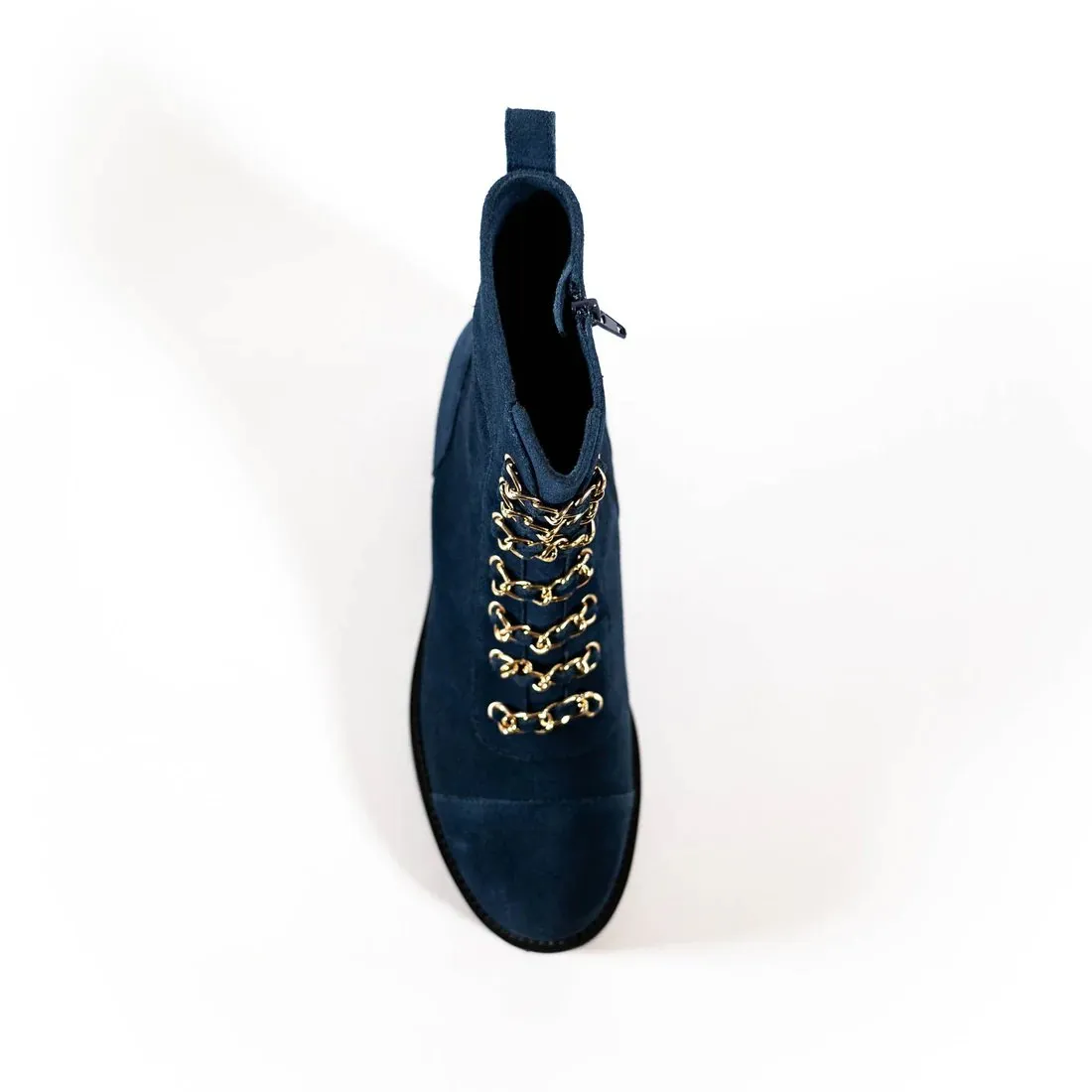 Cecelia New York Chance Navy Gold Chain Lace Side Zipper Rounded Toe Ankle Boots