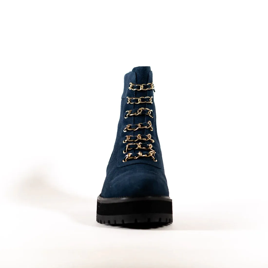 Cecelia New York Chance Navy Gold Chain Lace Side Zipper Rounded Toe Ankle Boots