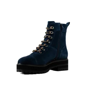 Cecelia New York Chance Navy Gold Chain Lace Side Zipper Rounded Toe Ankle Boots