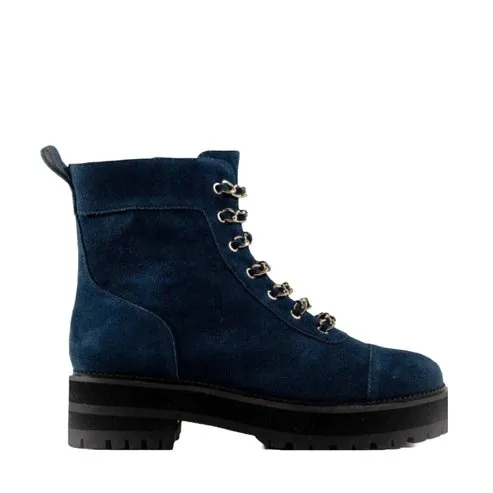 Cecelia New York Chance Navy Gold Chain Lace Side Zipper Rounded Toe Ankle Boots