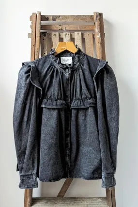 Idety Washed Black Denim Ruffle Blouse