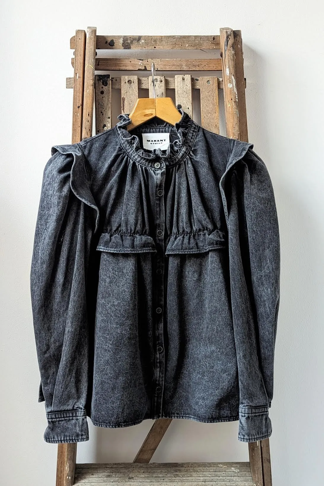 Idety Washed Black Denim Ruffle Blouse