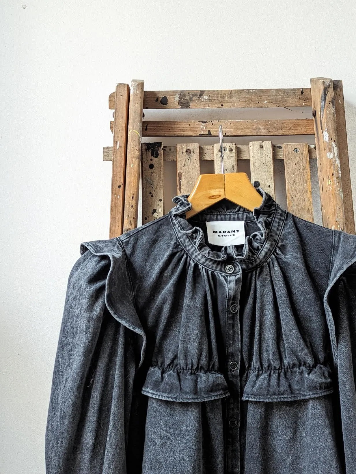 Idety Washed Black Denim Ruffle Blouse