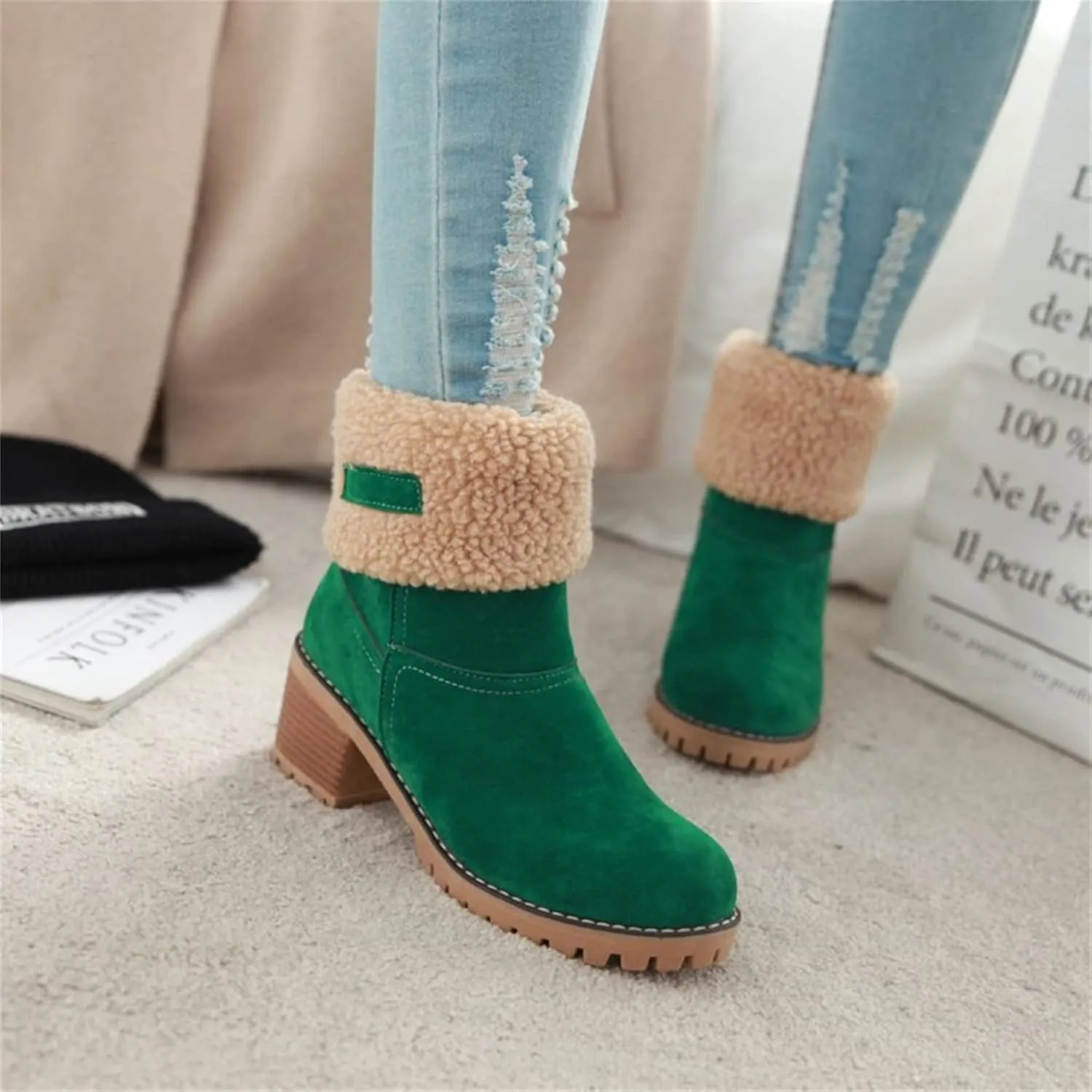 Ladmiple Snow Boots For Women Cute Tall Mid Calf Warm Fur Lined Winter Boots Outdoor Fashion Slip On Walking Ankle Booties