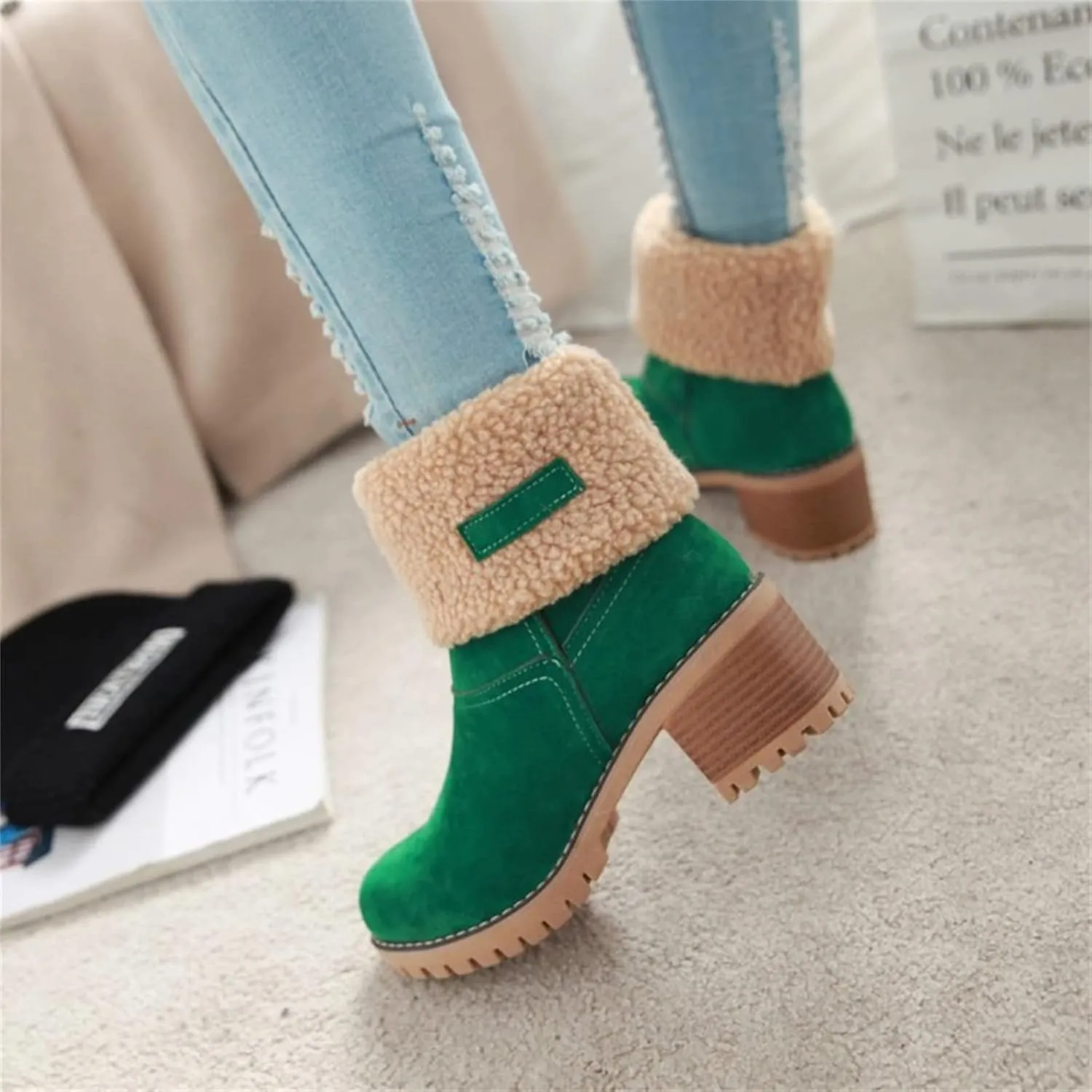 Ladmiple Snow Boots For Women Cute Tall Mid Calf Warm Fur Lined Winter Boots Outdoor Fashion Slip On Walking Ankle Booties