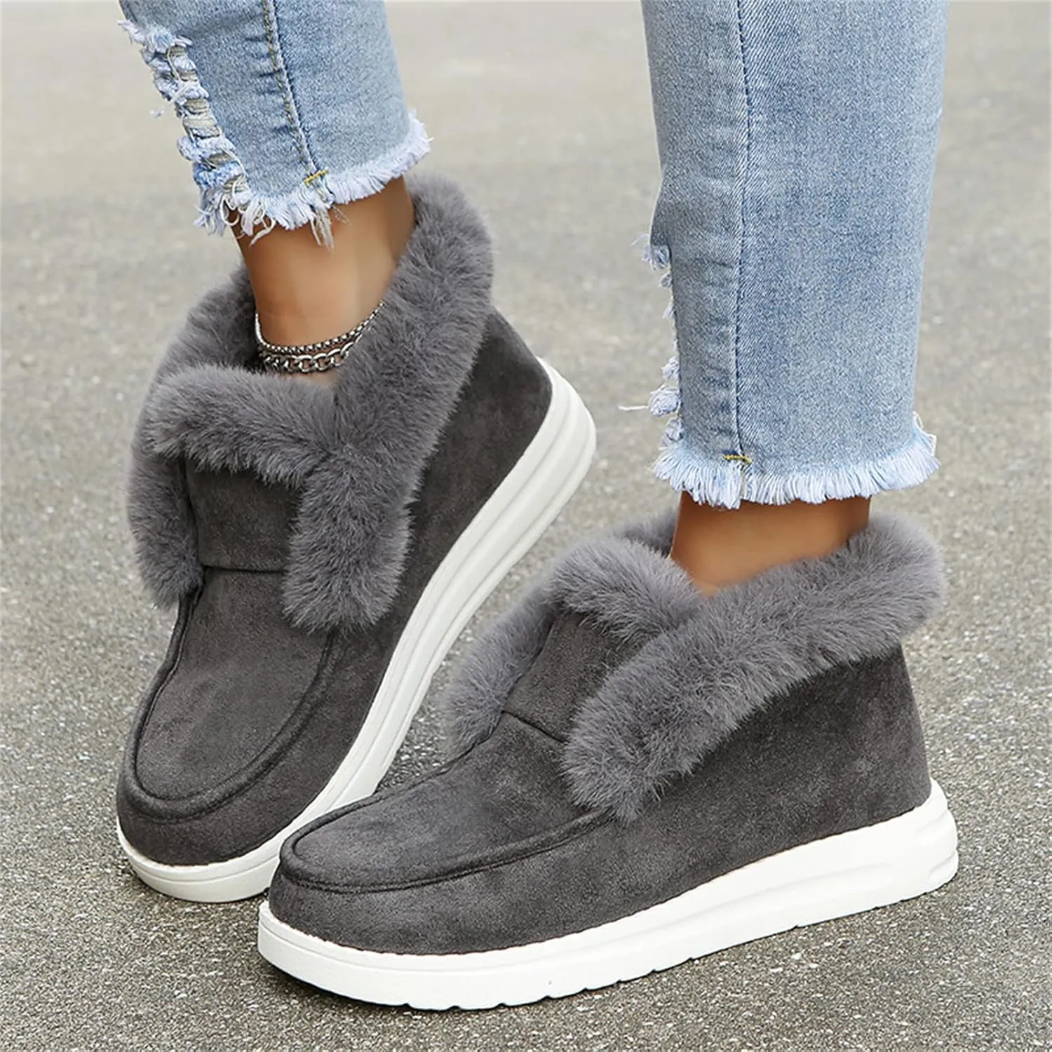 Ladmiple Snow Boots For Women Wide Faux Fur Lined Casual Slip-on Warm Loafers Shoes Winter Ankle Boots Outdoor Walking Shoes