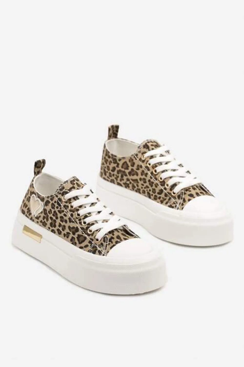 LEOPARD LACE UP HEART DETAIL CHUNKY STYLISH FLAT TRAINERS
