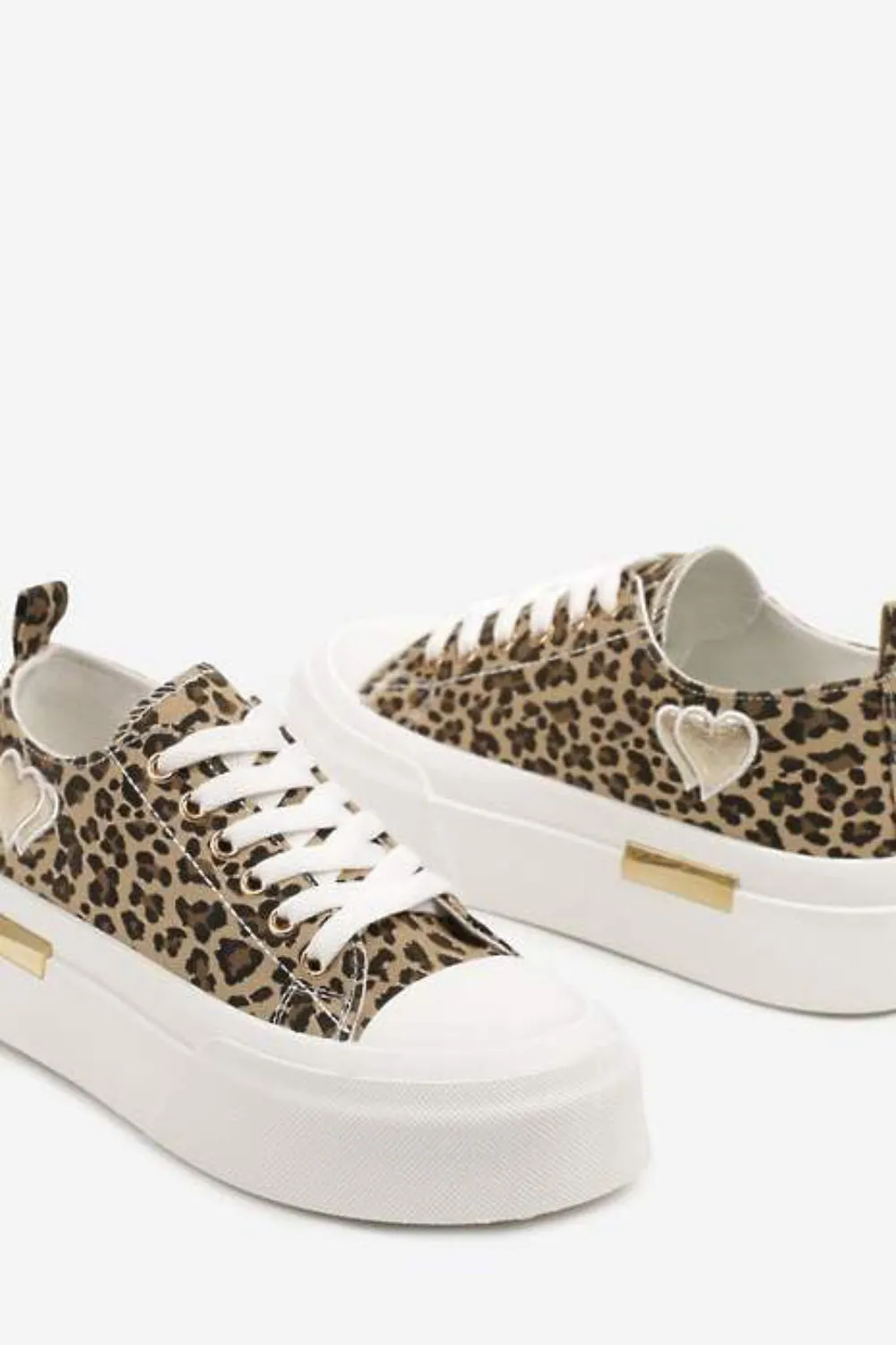 LEOPARD LACE UP HEART DETAIL CHUNKY STYLISH FLAT TRAINERS