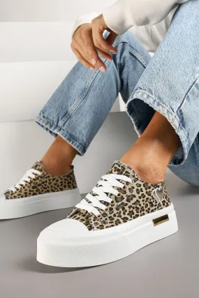 LEOPARD LACE UP HEART DETAIL CHUNKY STYLISH FLAT TRAINERS
