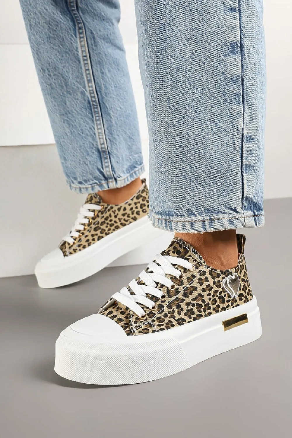 LEOPARD LACE UP HEART DETAIL CHUNKY STYLISH FLAT TRAINERS