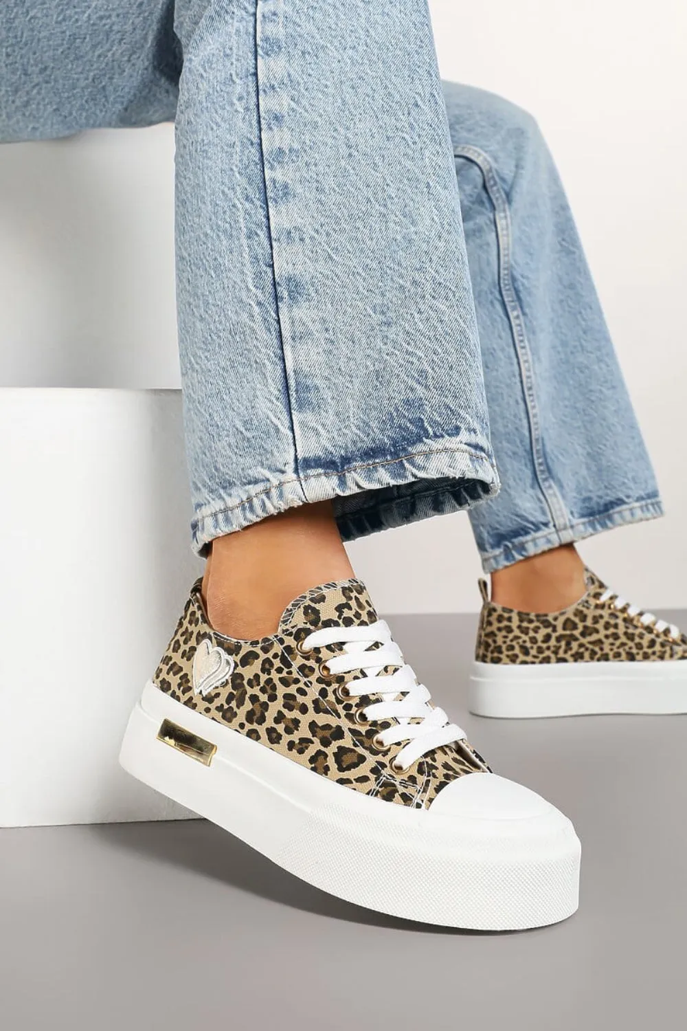 LEOPARD LACE UP HEART DETAIL CHUNKY STYLISH FLAT TRAINERS