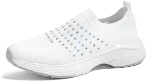 LUCKY STEP Women's Rhinestone Walking Shoes Lightweight Breathable Mesh Trainers Casual Slip On Sparkly Sneakers