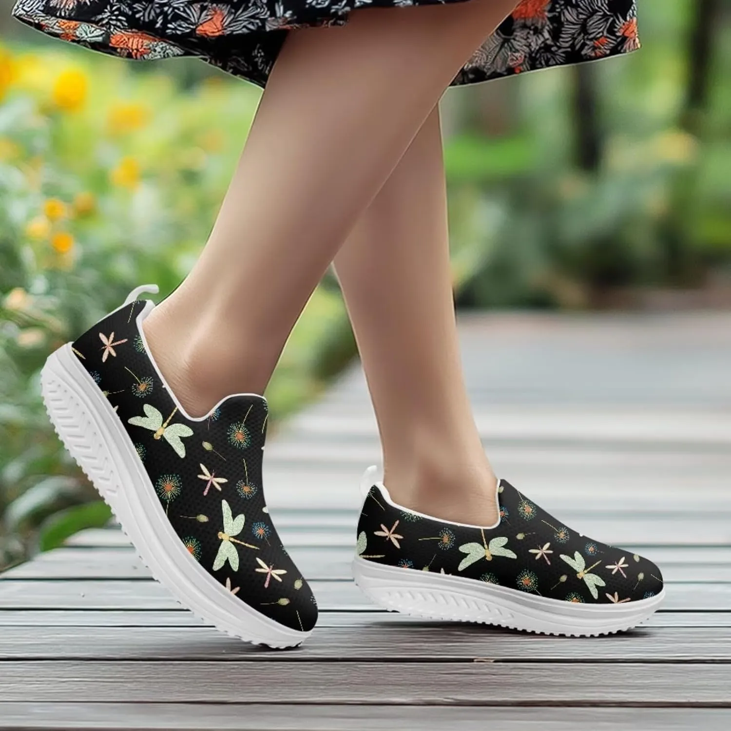 Mandala Floral Slip-On Yoga Sneakers Womens Elastic Mesh Anti-Slip Loafers Shoes with Rocker Platform