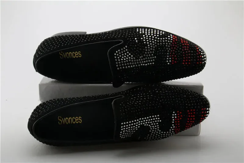 Men's Luxury Crystal Studded Slip-On Loafers – Customizable Black, Red, White Flats | Comfortable Casual Designer Shoes