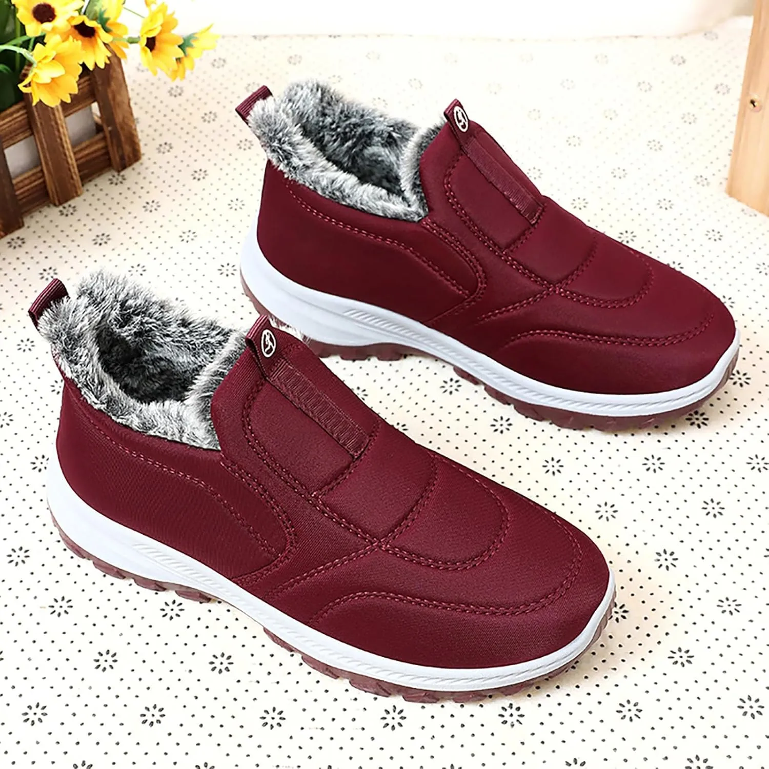 Men's Winter Casual Slip-On Boots Warm Waterproof Plush Lined Short Ankle Winter Walking Shoes for Men