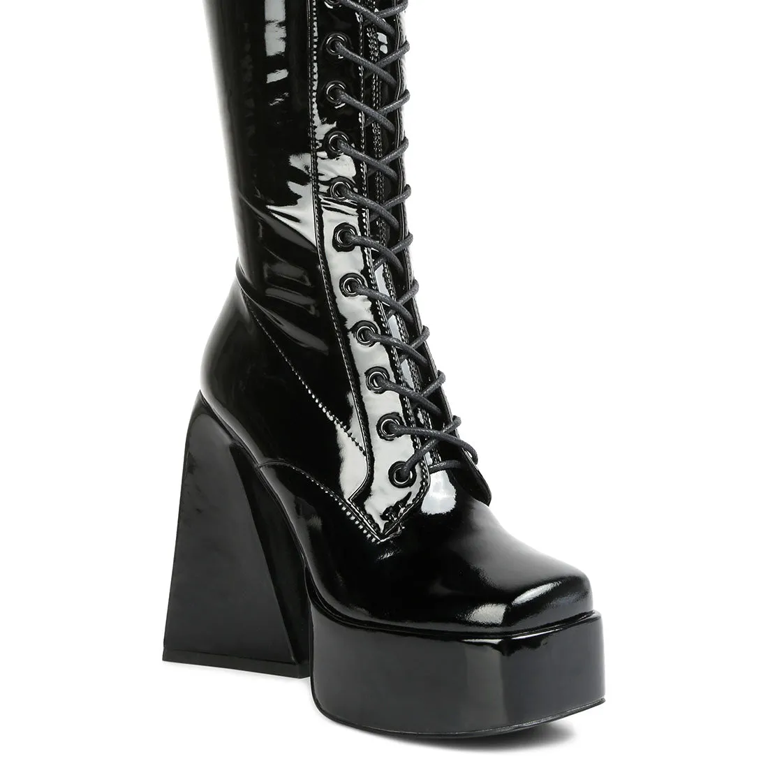 Patent PU High Platform Calf Boots