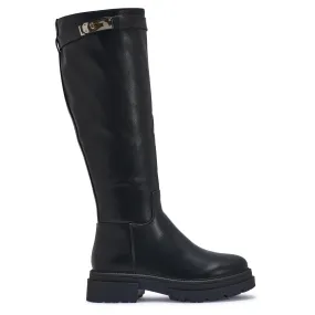 PERTH101 BLACK CHUNKY KNEE HIGH FLAT BOOTS WITH BUCKLE DETAIL