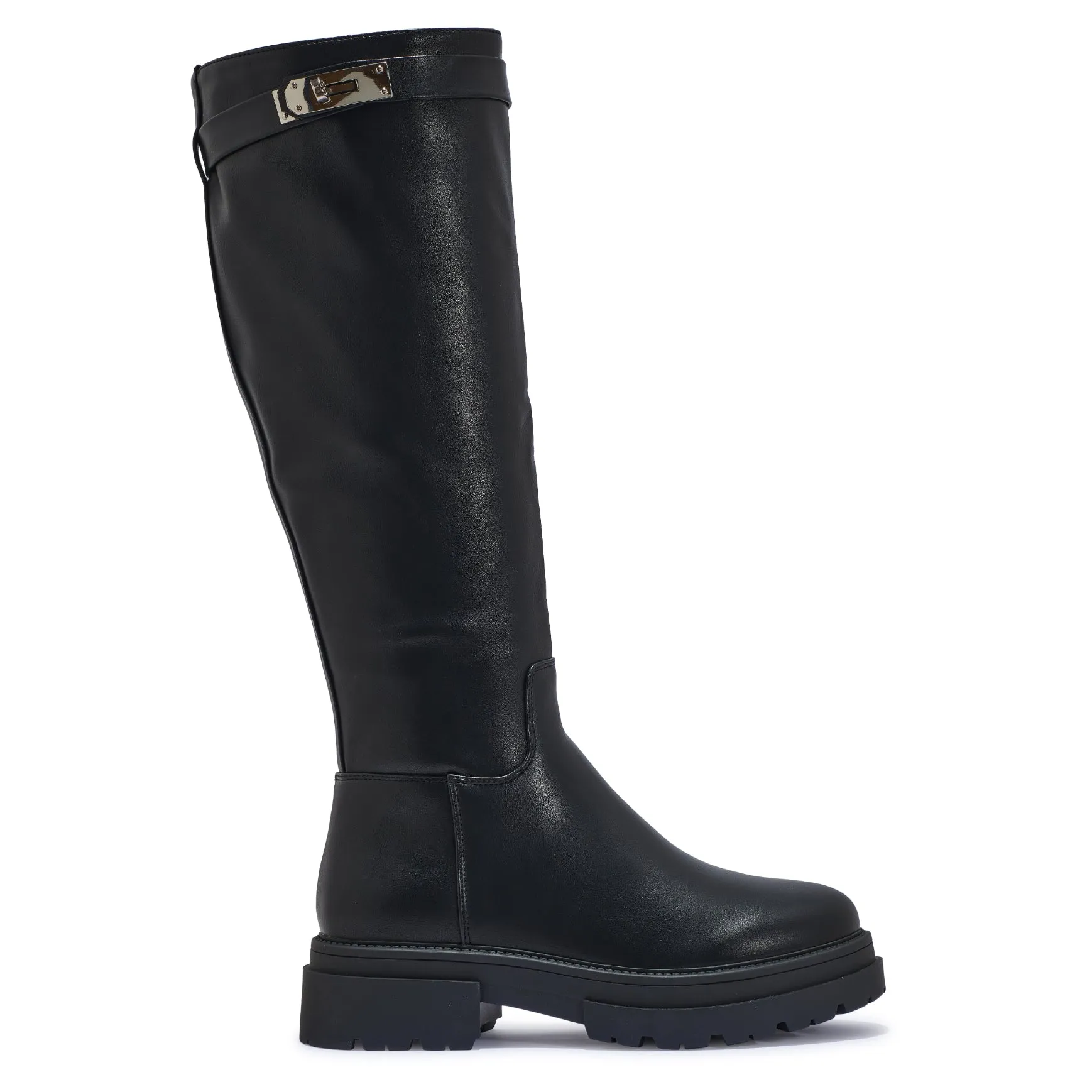 PERTH101 BLACK CHUNKY KNEE HIGH FLAT BOOTS WITH BUCKLE DETAIL