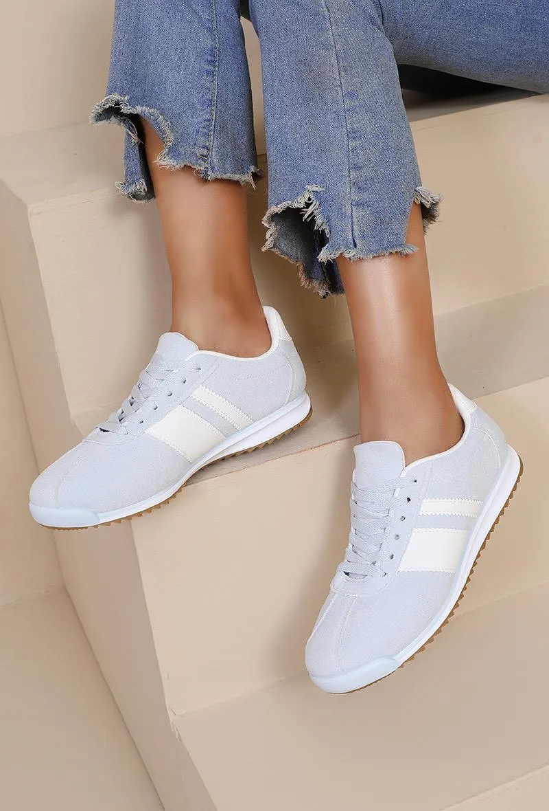 ROUND TOE SIDE LINE STRIPPED DETAILED GUM SOLE TRAINERS IN BLUE