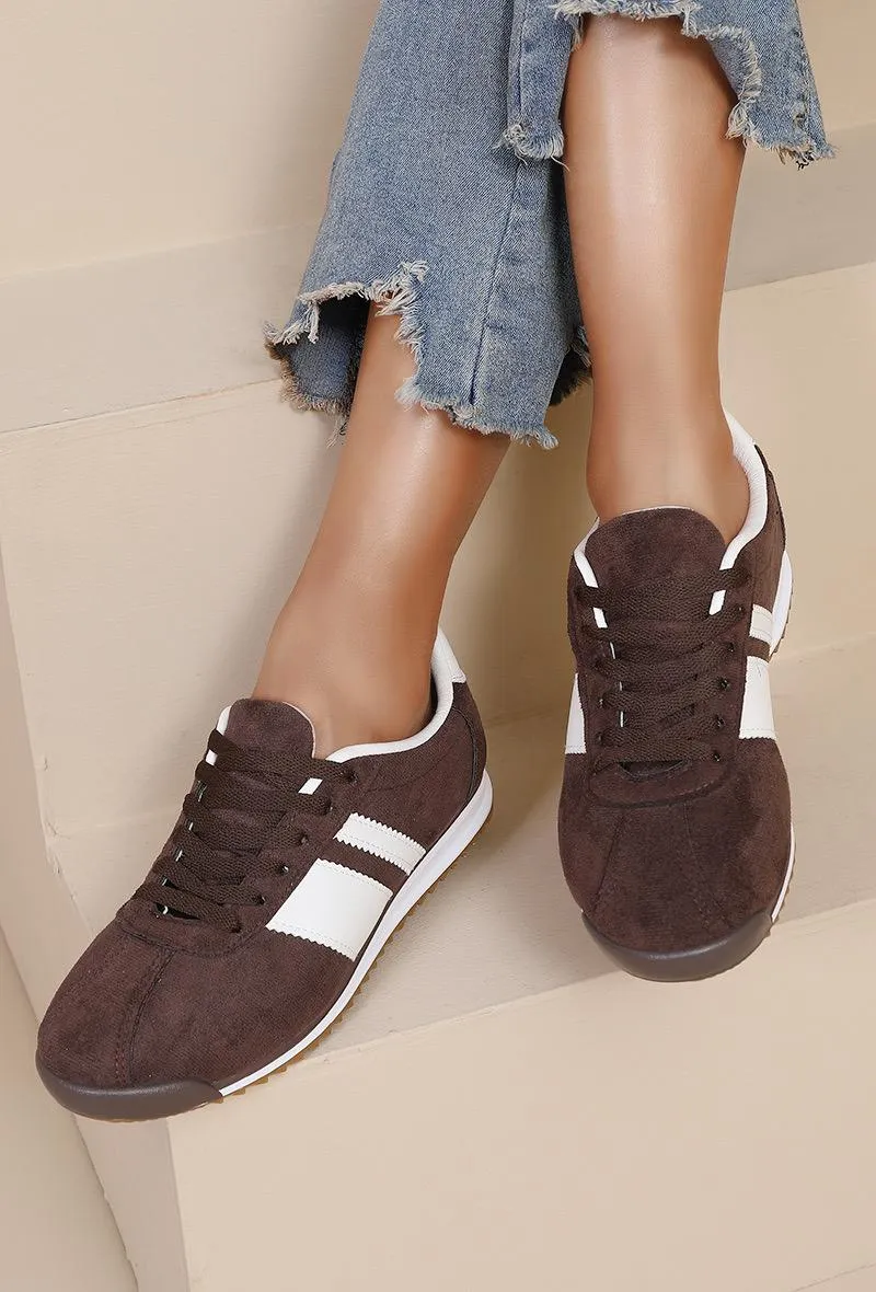 ROUND TOE SIDE LINE STRIPPED DETAILED GUM SOLE TRAINERS IN BROWN