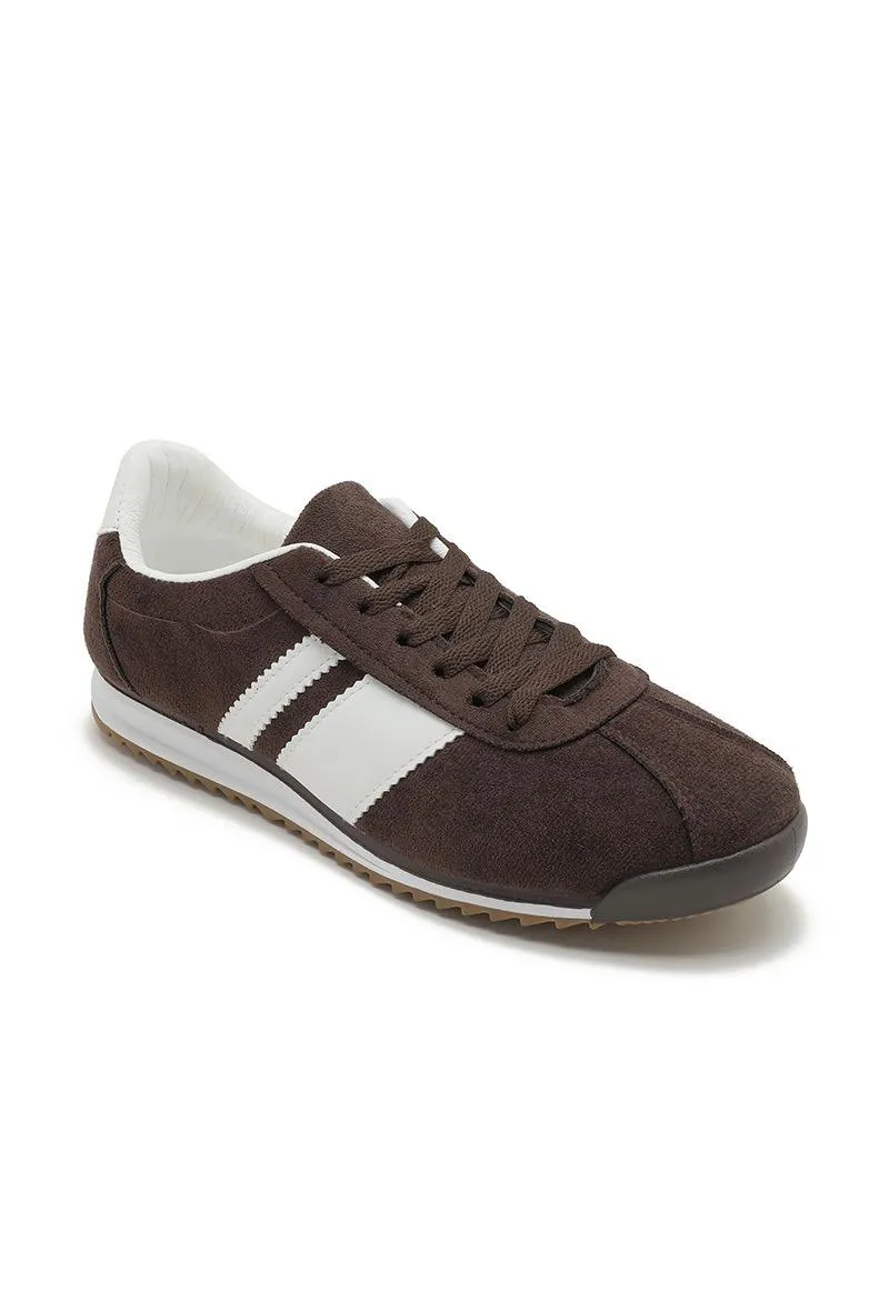 ROUND TOE SIDE LINE STRIPPED DETAILED GUM SOLE TRAINERS IN BROWN