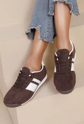ROUND TOE SIDE LINE STRIPPED DETAILED GUM SOLE TRAINERS IN BROWN