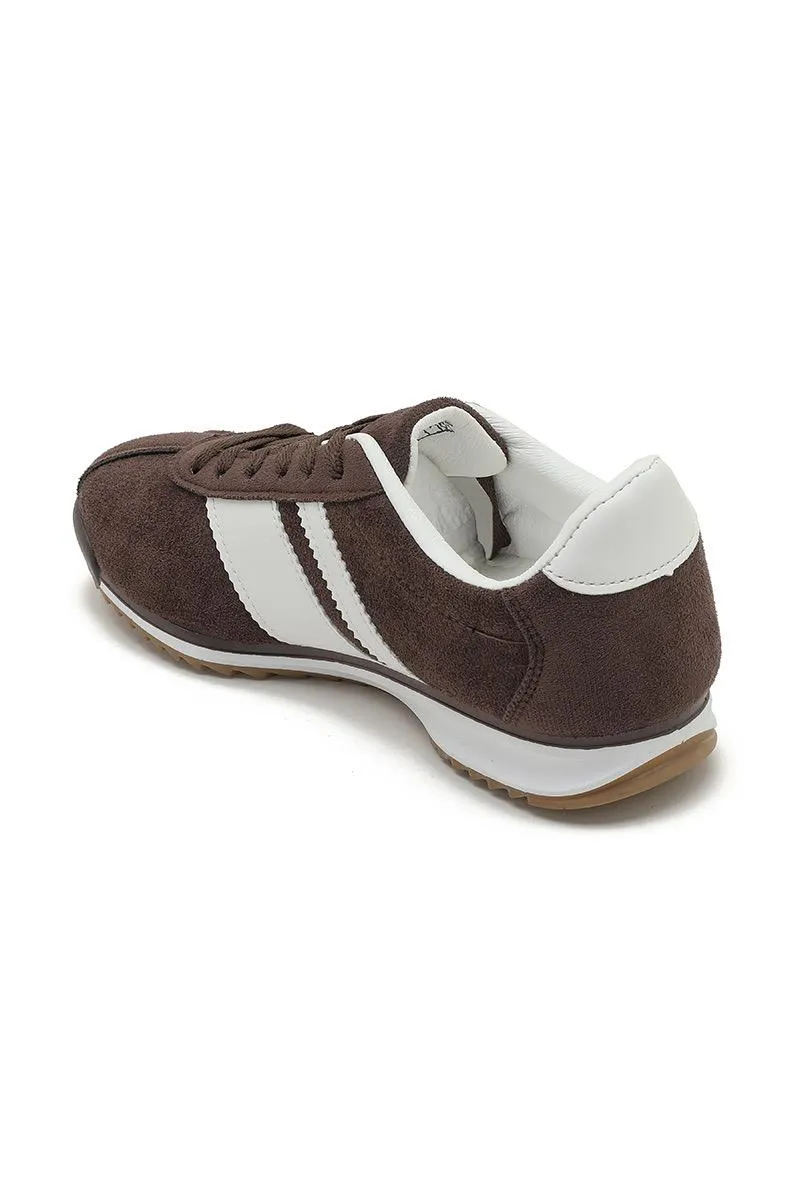 ROUND TOE SIDE LINE STRIPPED DETAILED GUM SOLE TRAINERS IN BROWN
