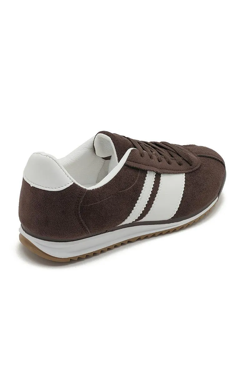 ROUND TOE SIDE LINE STRIPPED DETAILED GUM SOLE TRAINERS IN BROWN