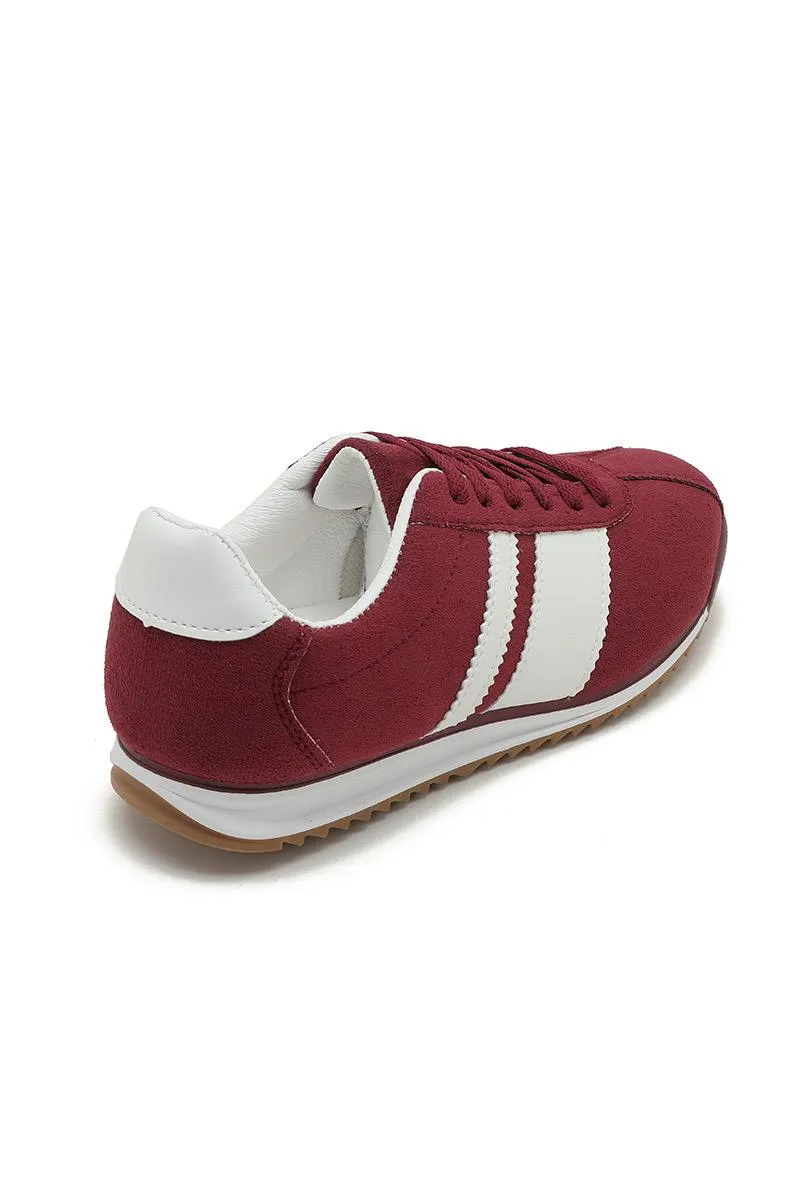 ROUND TOE SIDE LINE STRIPPED DETAILED GUM SOLE TRAINERS IN WINE RED