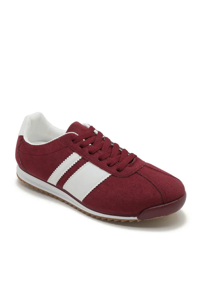 ROUND TOE SIDE LINE STRIPPED DETAILED GUM SOLE TRAINERS IN WINE RED