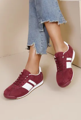 ROUND TOE SIDE LINE STRIPPED DETAILED GUM SOLE TRAINERS IN WINE RED