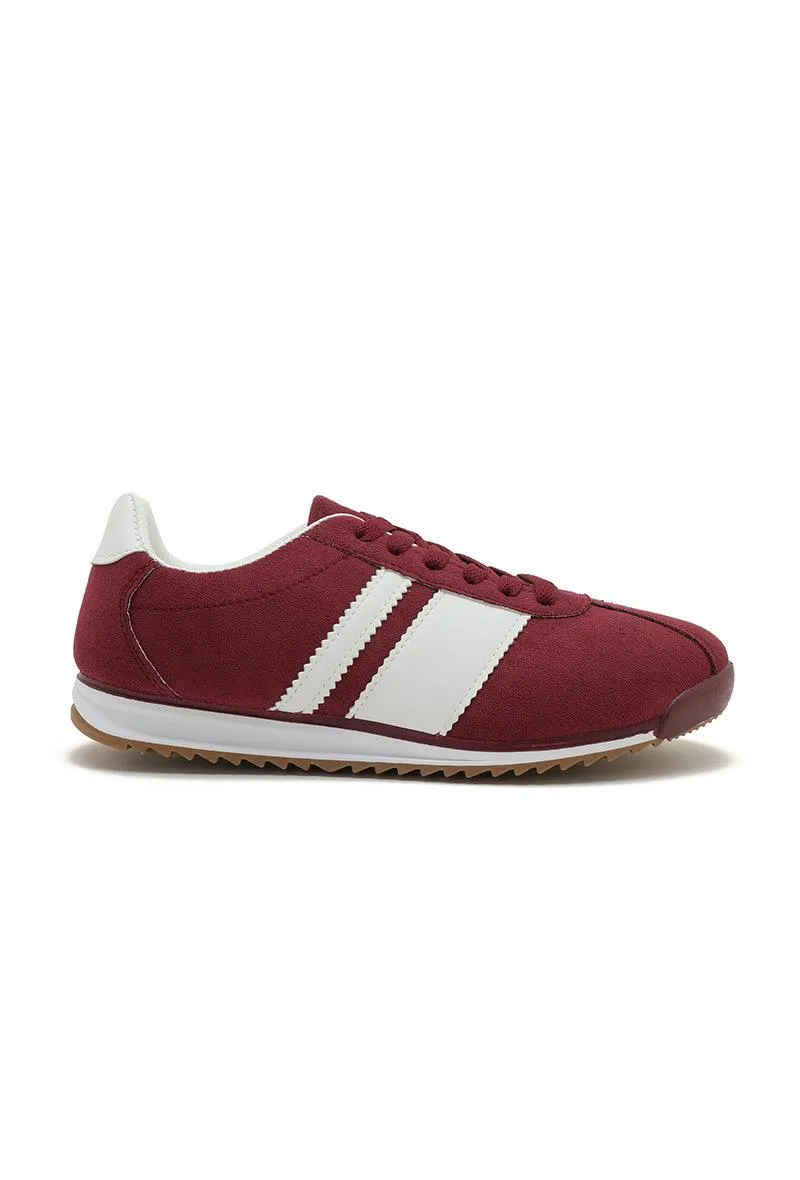 ROUND TOE SIDE LINE STRIPPED DETAILED GUM SOLE TRAINERS IN WINE RED