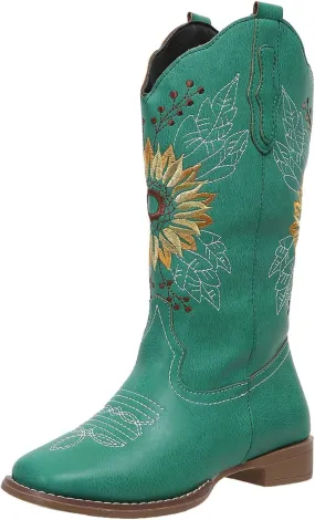 SACFOF Cowboy Boots for Women Square Toe Sunflower Cowgirl Boots Mid Calf Western Embroidered Stitched Low Heel Boots