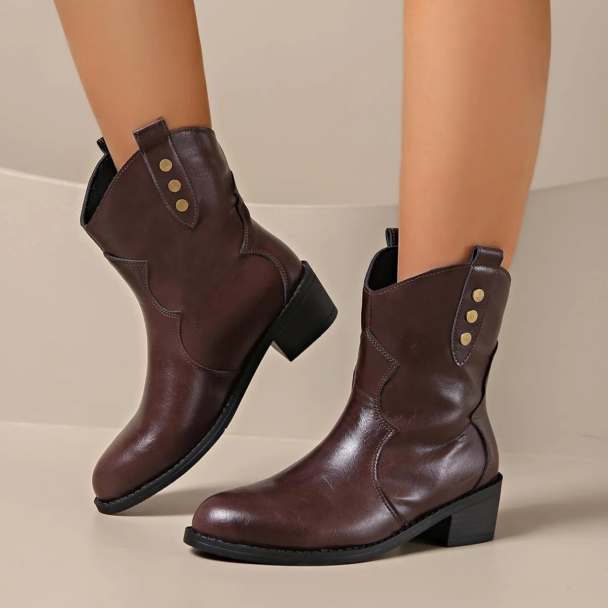 SACFOF Womens Ankle Cowboy Boots Western Cowgirl Booties Chunky Low Heel Pointed Toe Pull on Short Booties