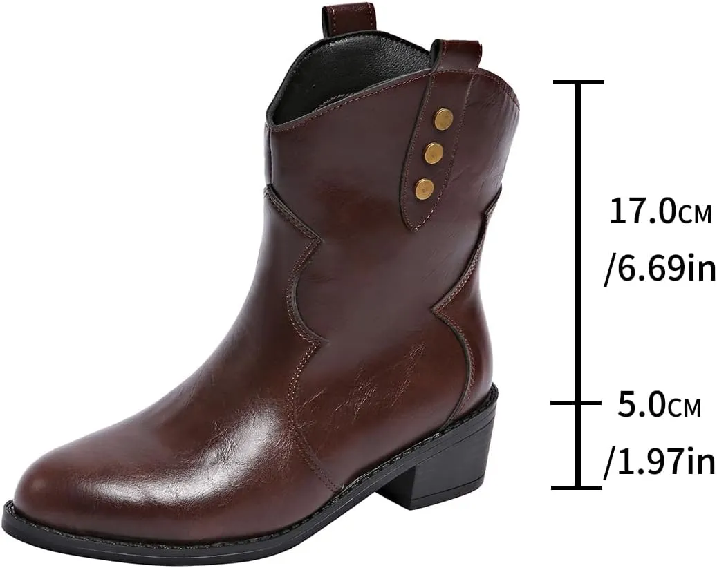 SACFOF Womens Ankle Cowboy Boots Western Cowgirl Booties Chunky Low Heel Pointed Toe Pull on Short Booties