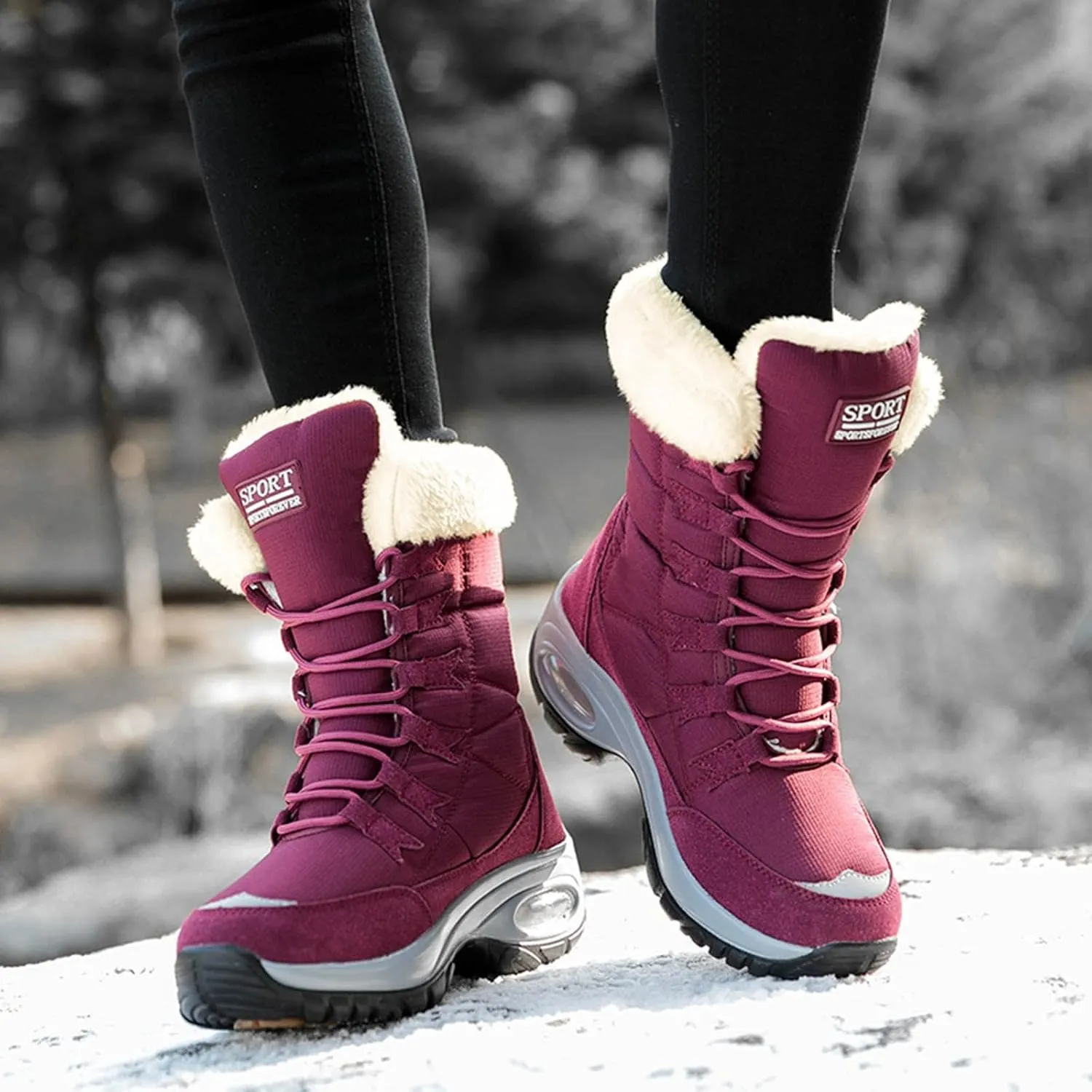 Snow Boots Men Warm Furry Lined Mid Calf Boots Footwear Waterproof Outdoor Comfort Winter Boots Slip on Ankle Booties Non-Slip Hiking Boot Trekking Boots