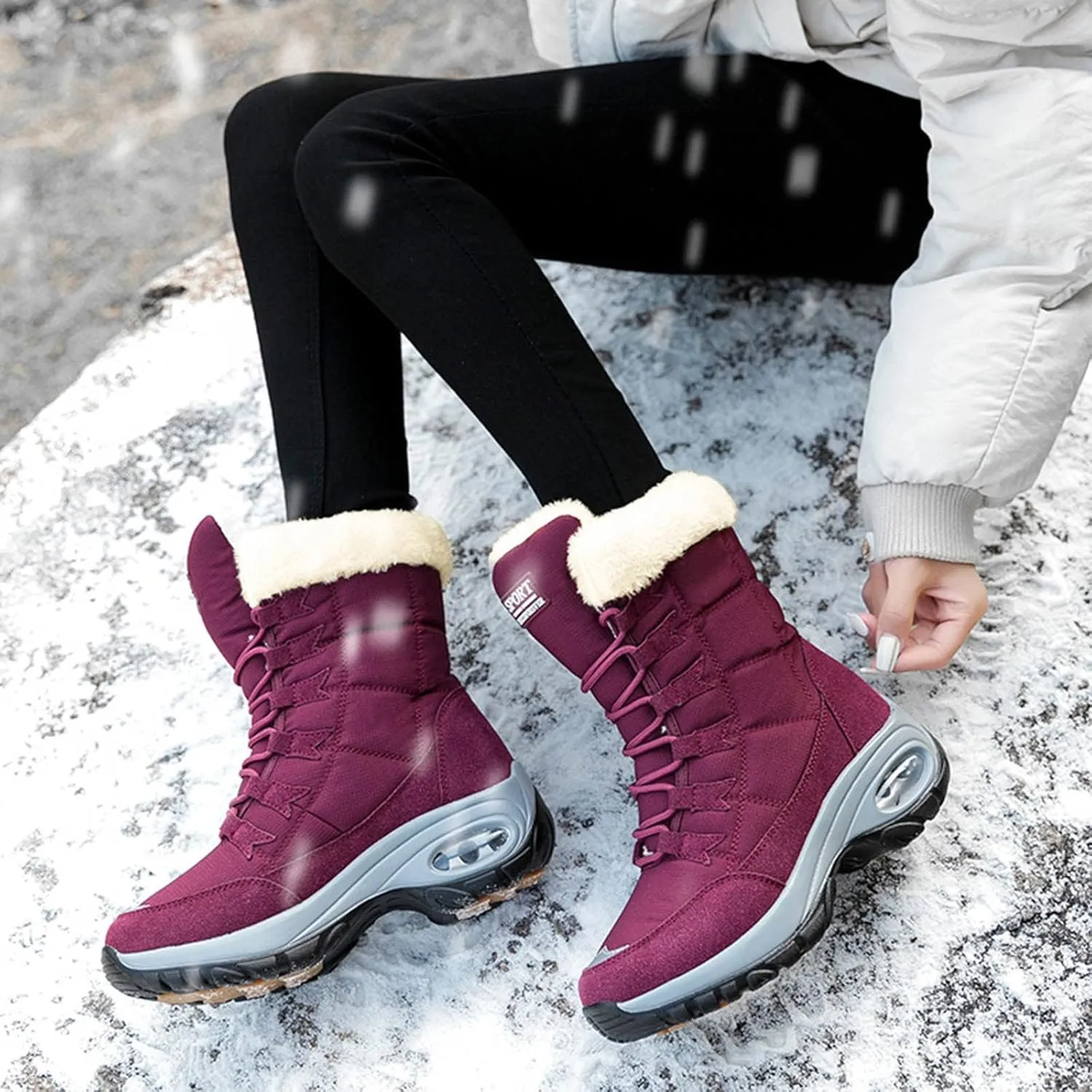Snow Boots Men Warm Furry Lined Mid Calf Boots Footwear Waterproof Outdoor Comfort Winter Boots Slip on Ankle Booties Non-Slip Hiking Boot Trekking Boots