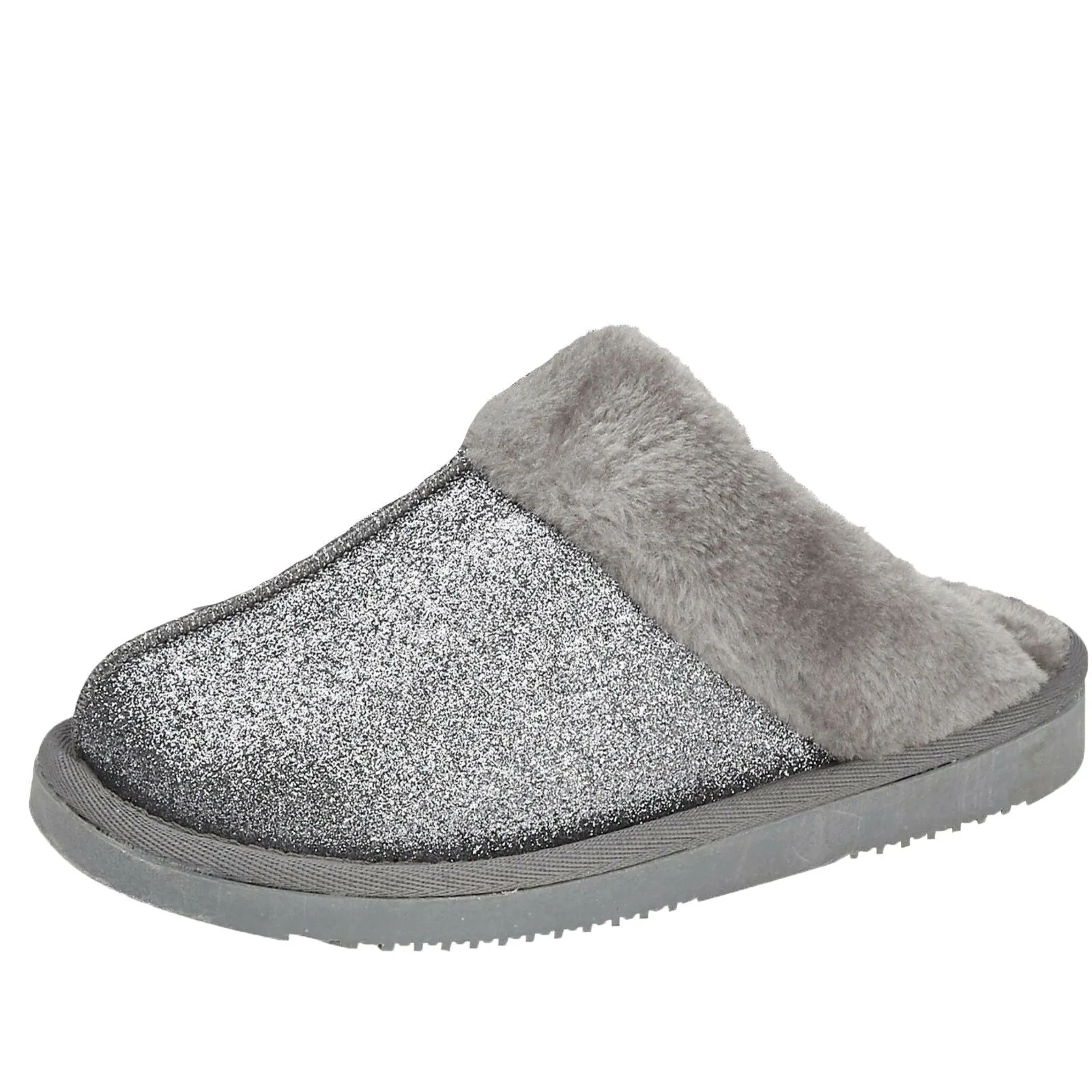 Tiggi Ladies Glitter Slip On Mules Slippers Grey