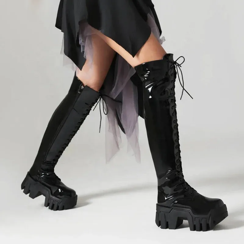 Trend4us Women's Wedge Platform Lace-Up Knee-High Boots