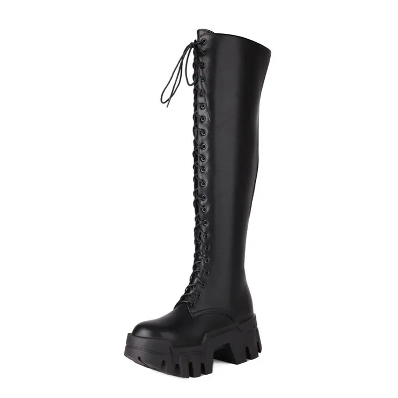 Trend4us Women's Wedge Platform Lace-Up Knee-High Boots
