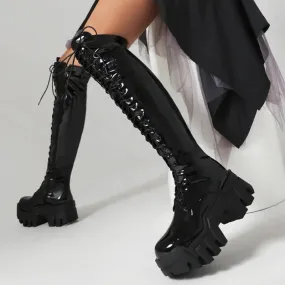 Trend4us Women's Wedge Platform Lace-Up Knee-High Boots